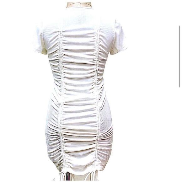 O Vianca White crewneck ribbed T-shirt dress with double ruching, front & back - Picture 3 of 14